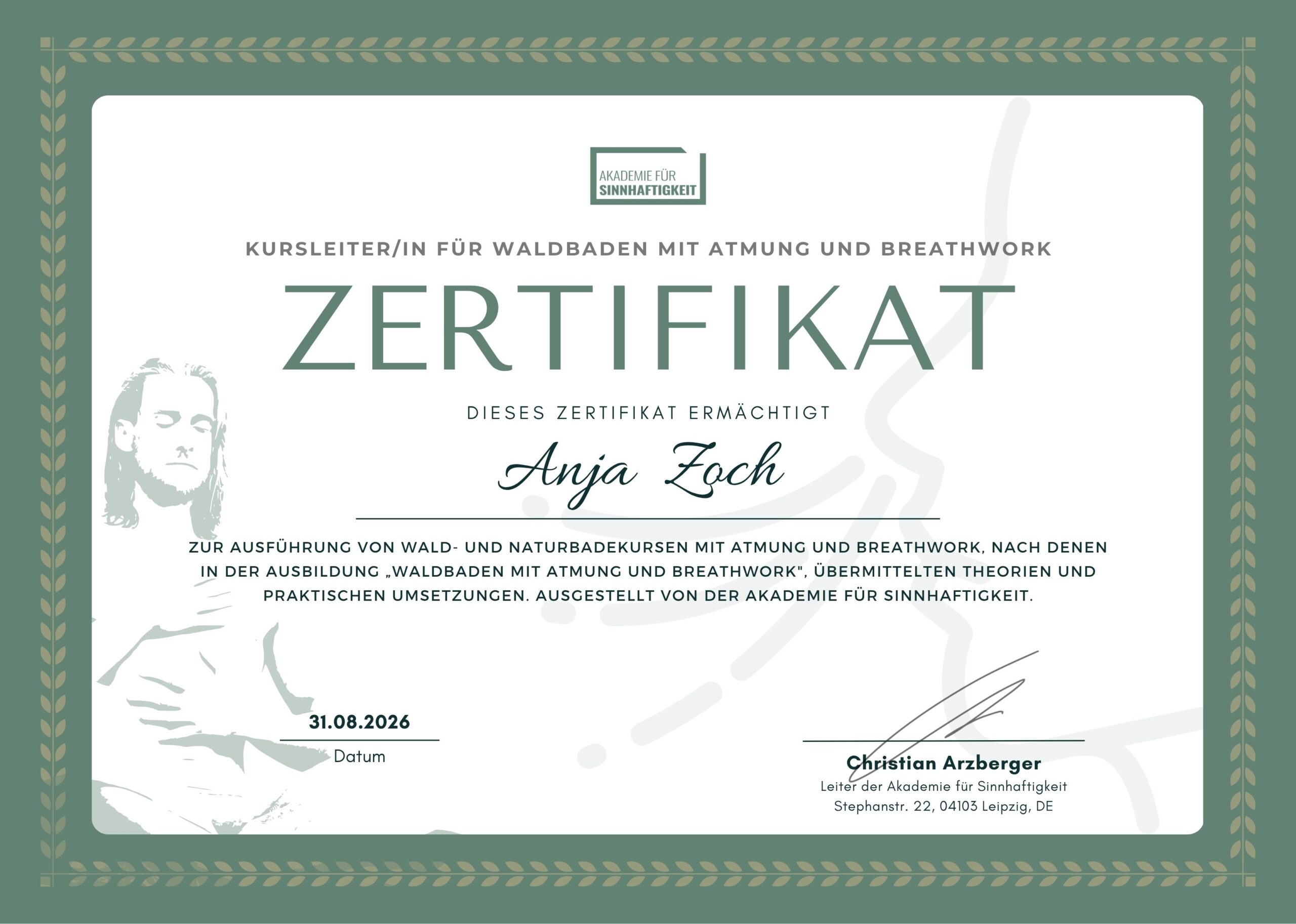 Abschlusszertifikat Waldbaden mit Atmung und Breathwork, Anja Zoch